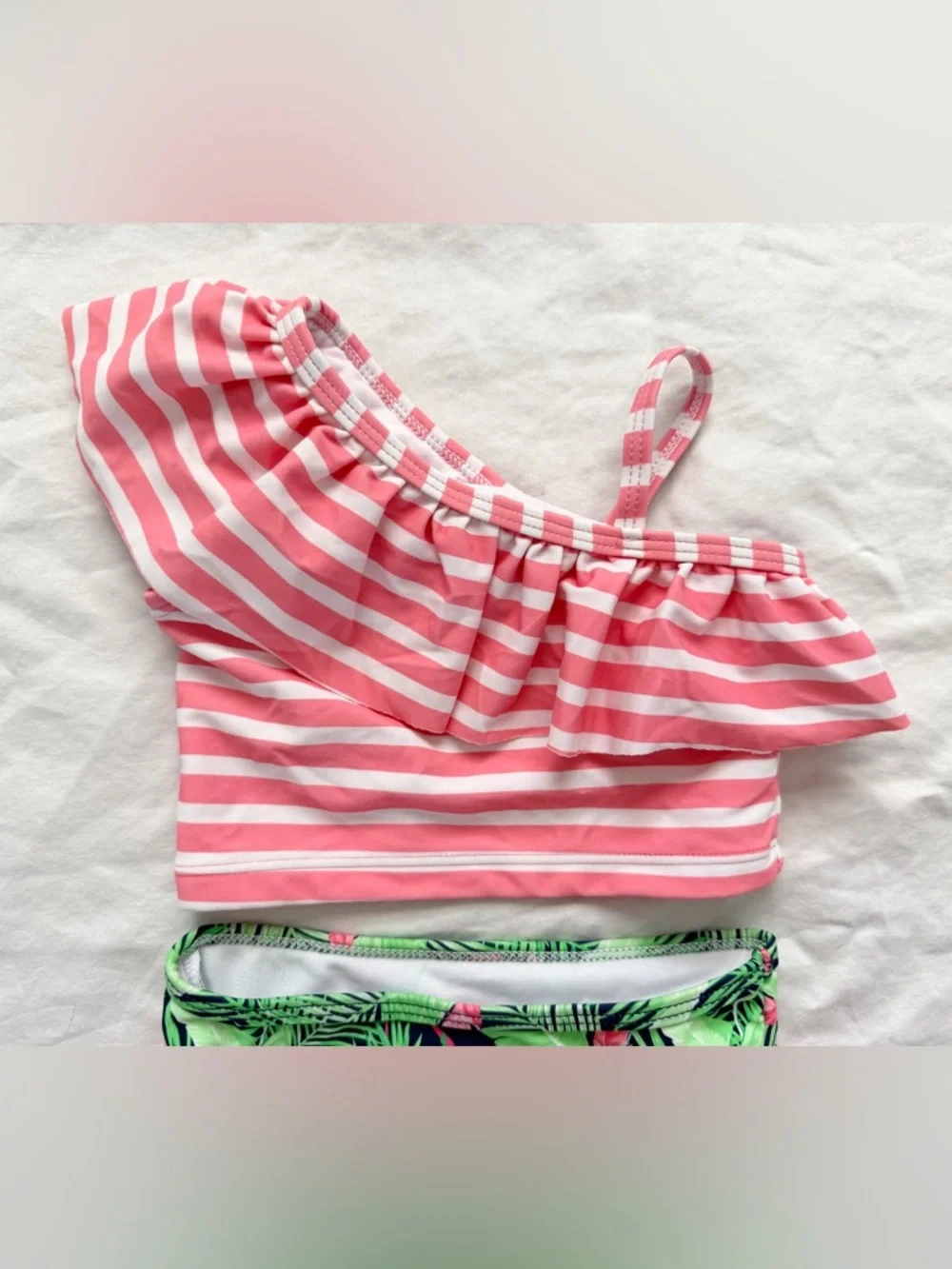 Ruffle Butts Pink Striped One-Shoulder Ruffle Bikini with Flamingo Print Bottoms